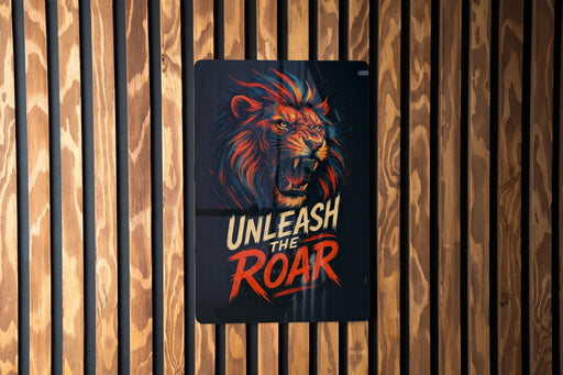 a sign on a wooden wall that says unleash the roar