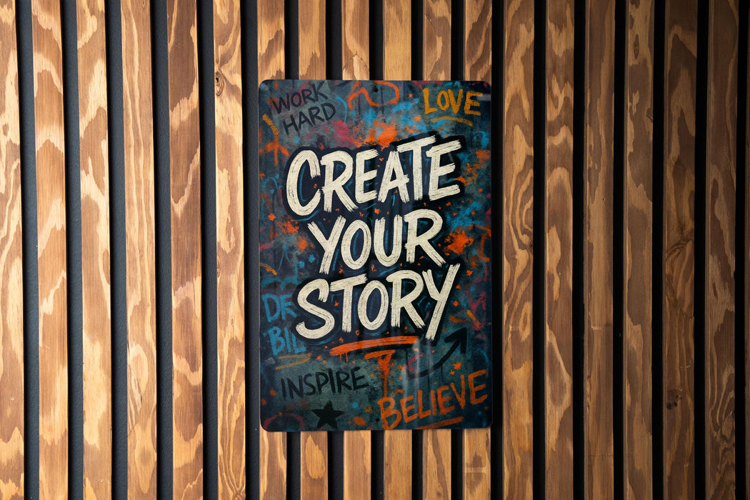a sign on a wooden wall that says create your story