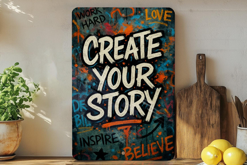 a painting on a wall that says create your story