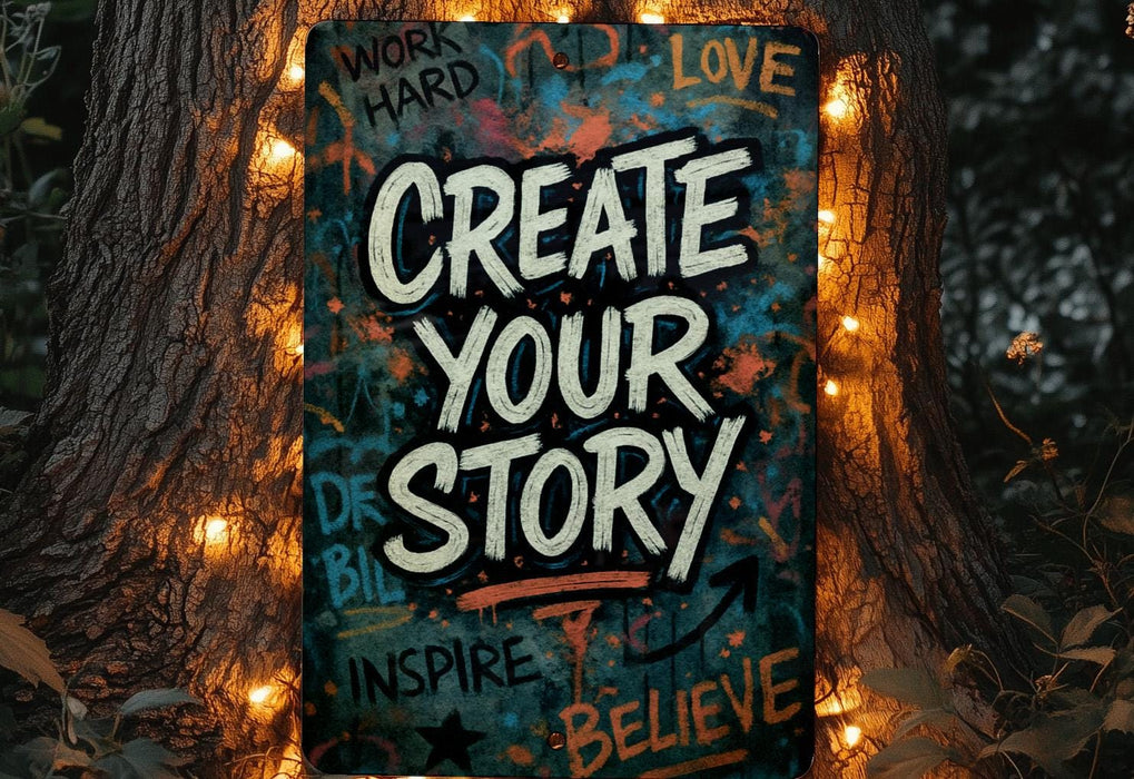 a sign that says create your story on it