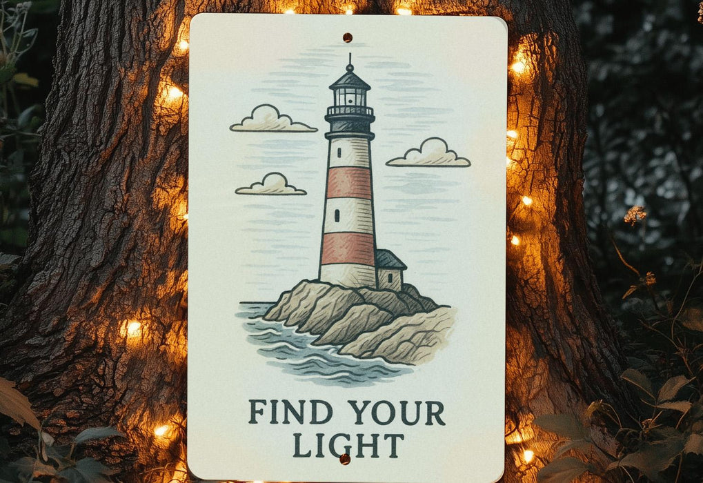 a sign that says find your light on a tree