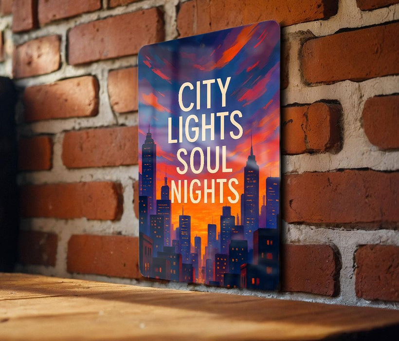a picture of a city lights sign on a brick wall