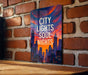 a picture of a city lights sign on a brick wall