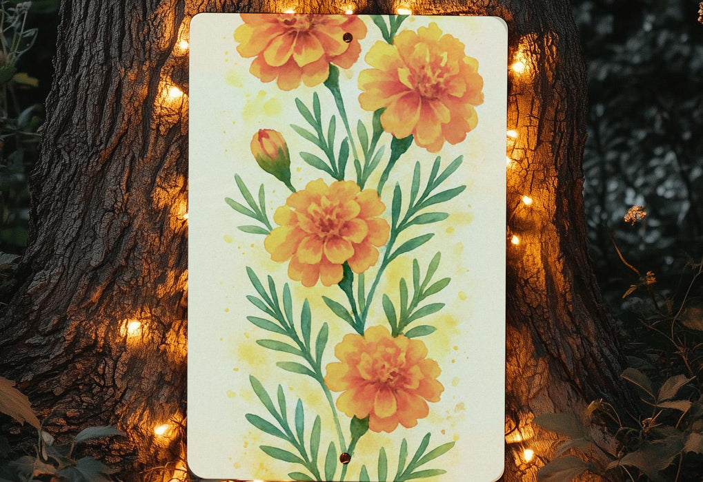 a painting of orange flowers is hanging on a tree