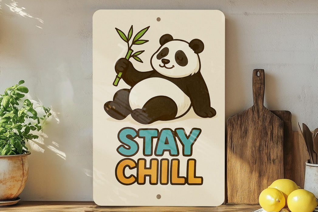 a sign that says stay chill with a panda holding a bamboo branch