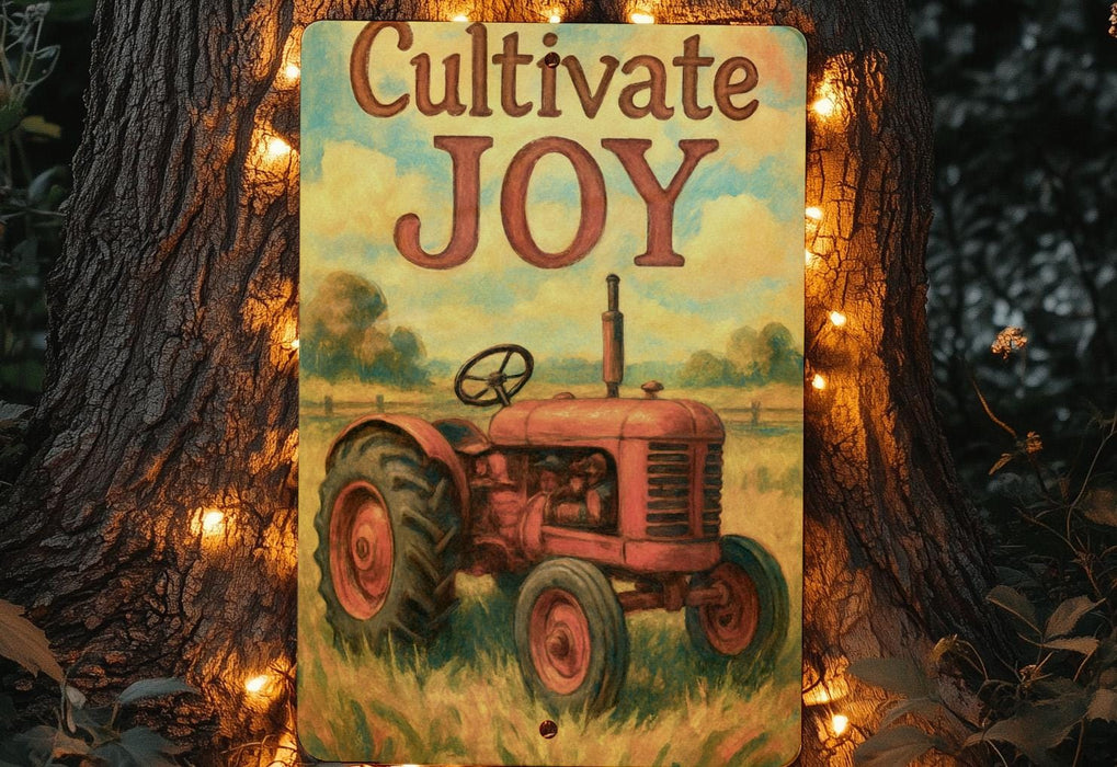 a sign that says cultivate joy on a tree
