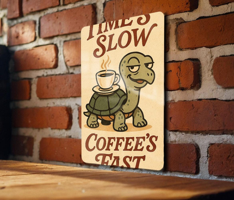 a sign on a brick wall with a turtle holding a cup of coffee