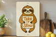 a picture of a slotty holding a sign that says take it slow
