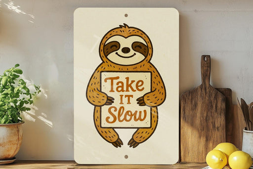 a picture of a slotty holding a sign that says take it slow