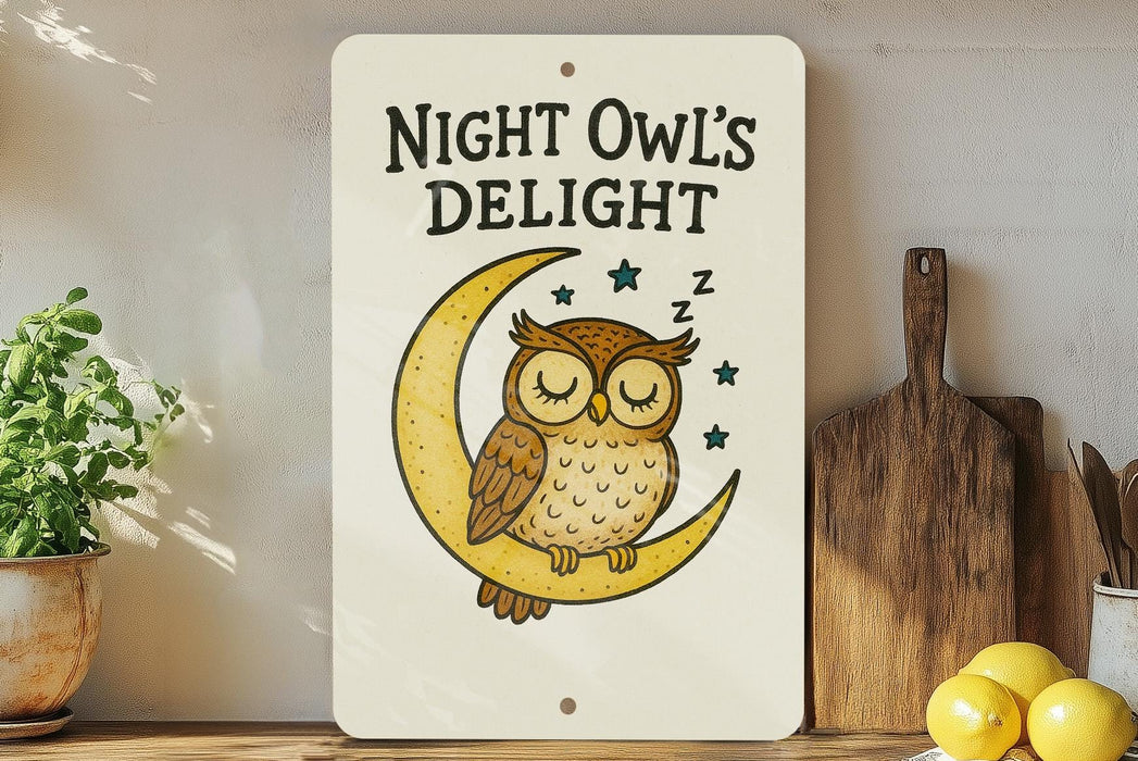 a sign that says night owl's delight with an owl sleeping on the moon