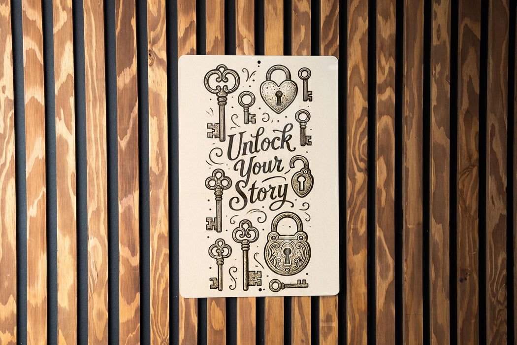 a wooden wall with a sticker on it that says unlock your story