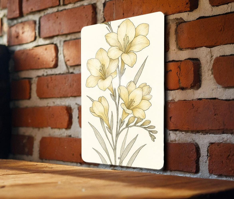a painting of yellow flowers on a brick wall