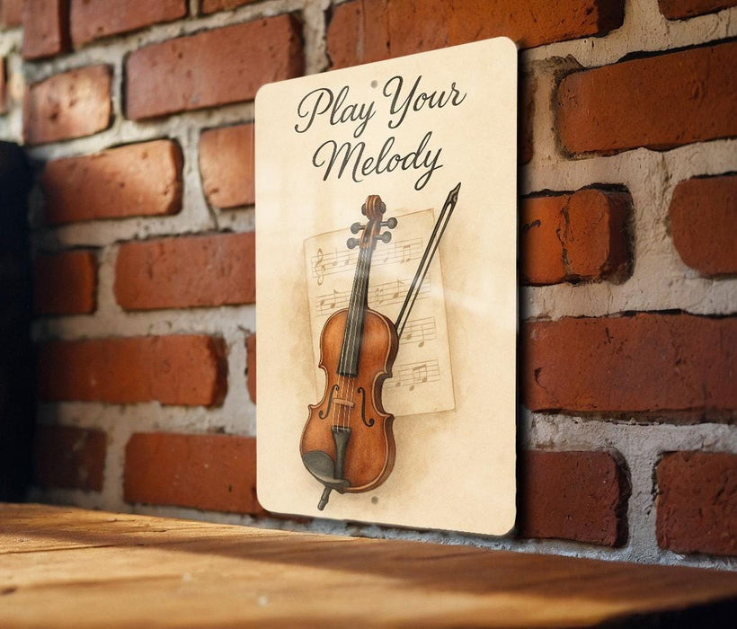a sign that says play your melody with a violin on it