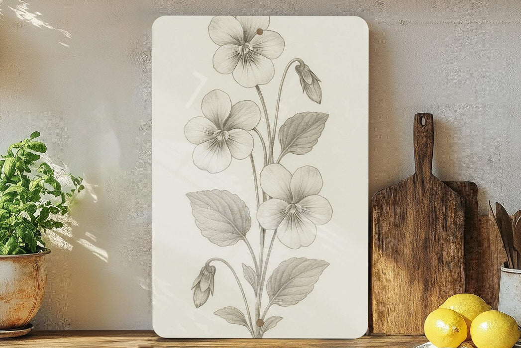 a picture of a flower on a wall next to a cutting board