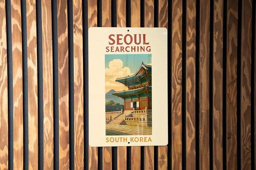 a sign on a wooden wall that says seoul searching