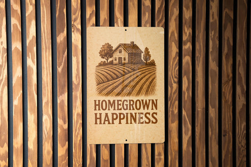 a sign on a wooden wall that says homegrown happiness