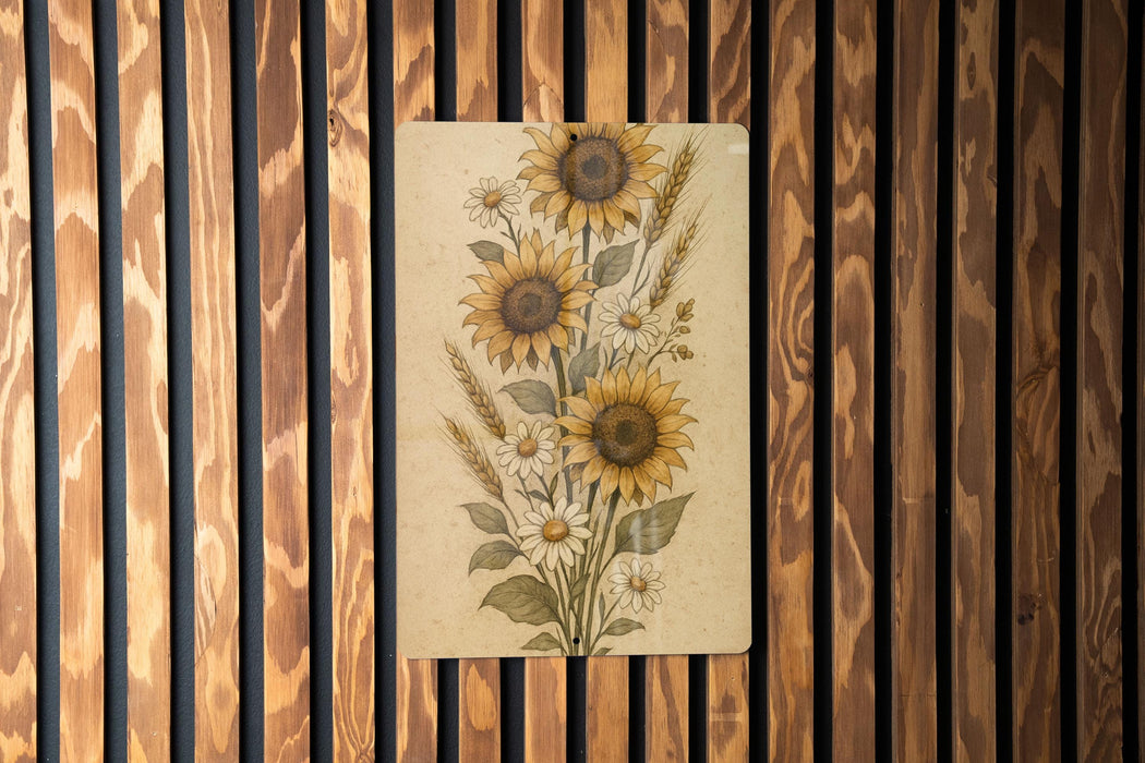 a painting of sunflowers on a wooden wall