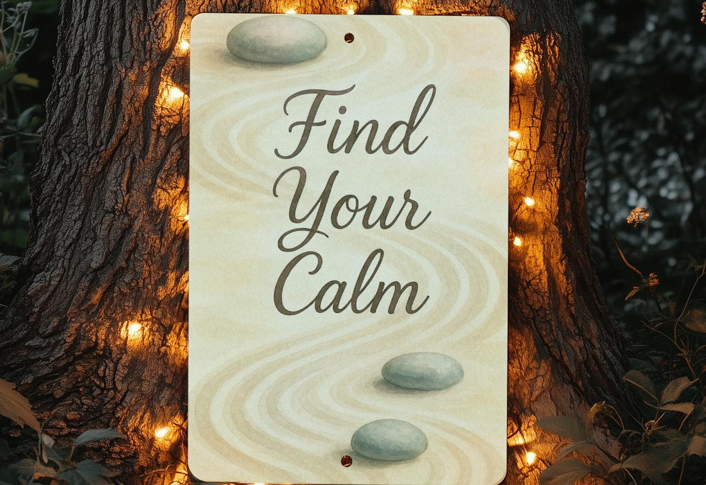 a sign that says find your calm on a tree
