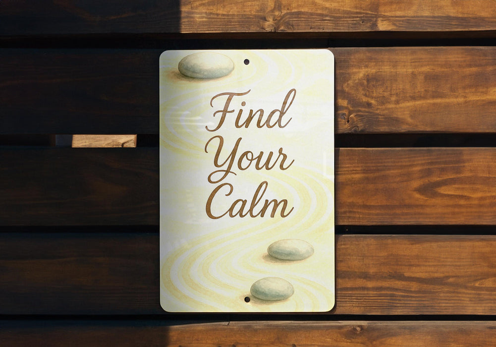 a sign that says find your calm on a wooden bench