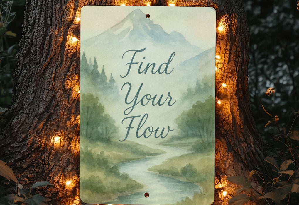 a sign that says find your flow on a tree