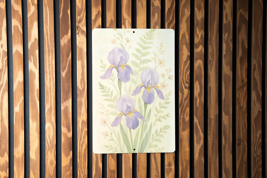 a painting of purple flowers on a wooden wall