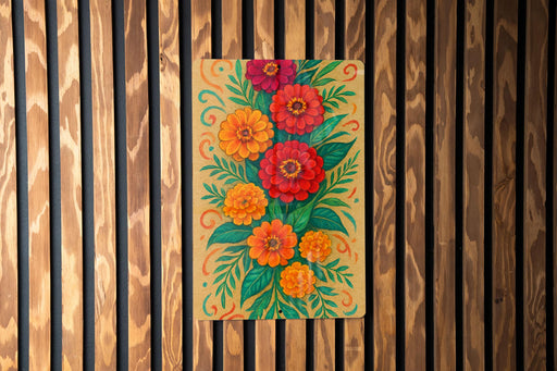a painting of flowers on a wooden wall