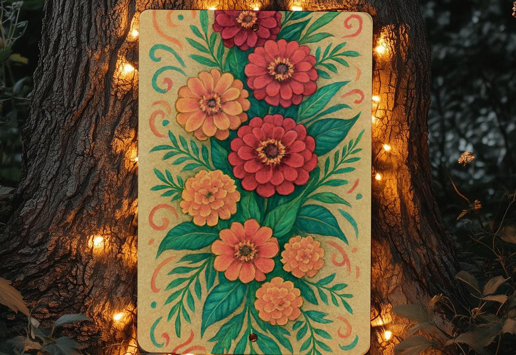 a painting of flowers is hanging on a tree