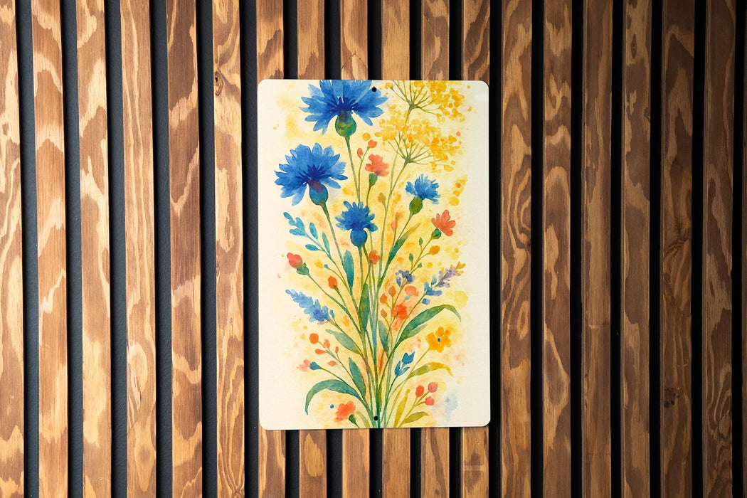 a painting of blue flowers on a wooden wall