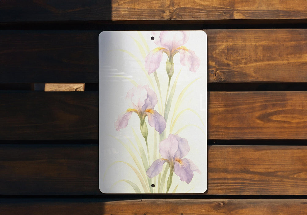 a painting of purple flowers on a white plate
