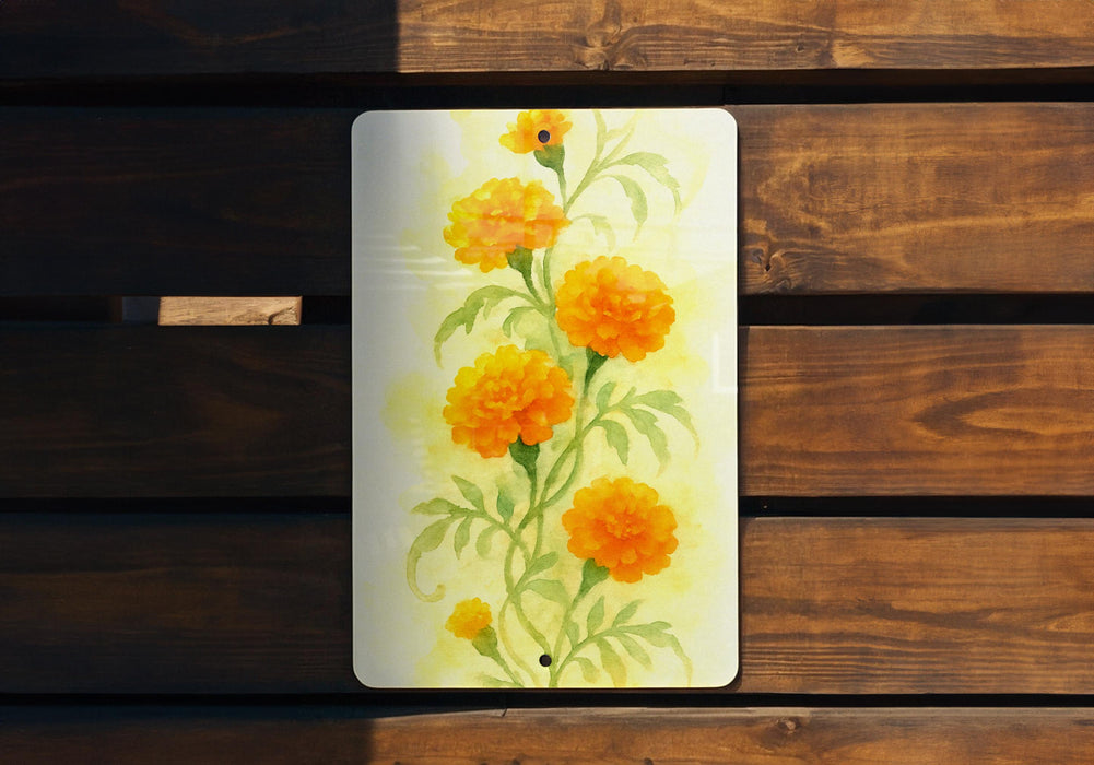 a painting of flowers on a wooden bench