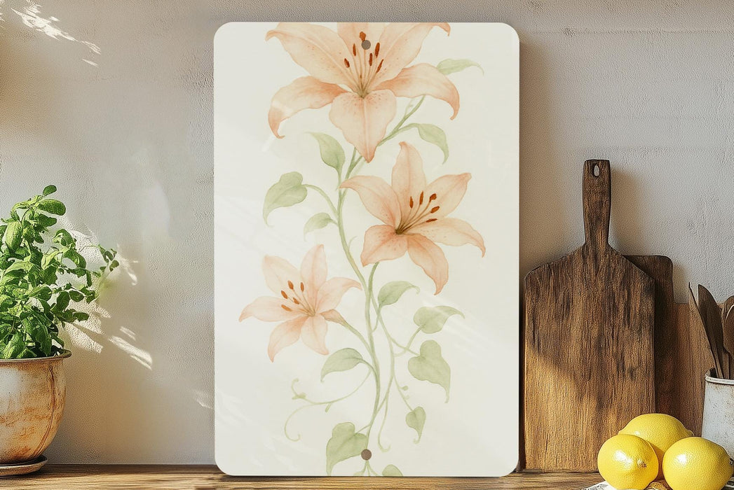 a painting of flowers on a wall next to a cutting board