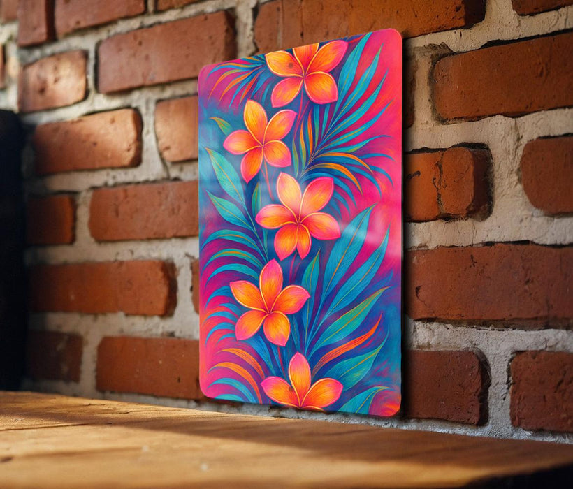 a painting on a brick wall next to a wooden table