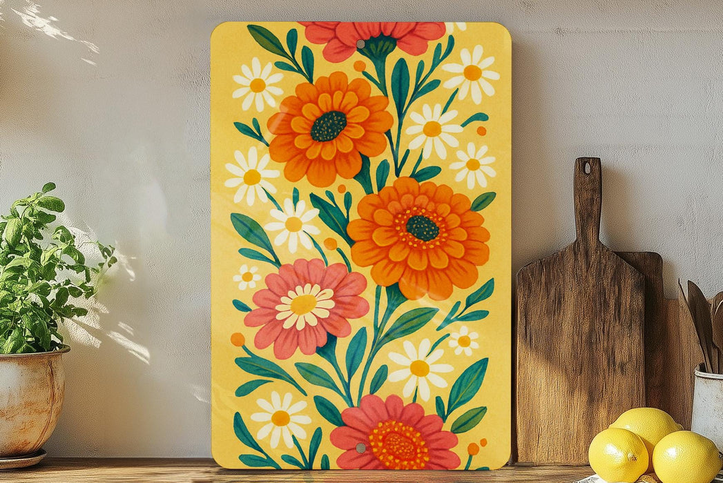 a painting of flowers on a yellow background