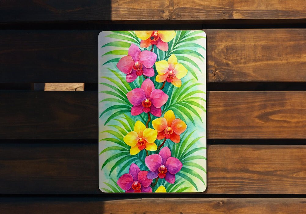 a painting of flowers on a wooden bench