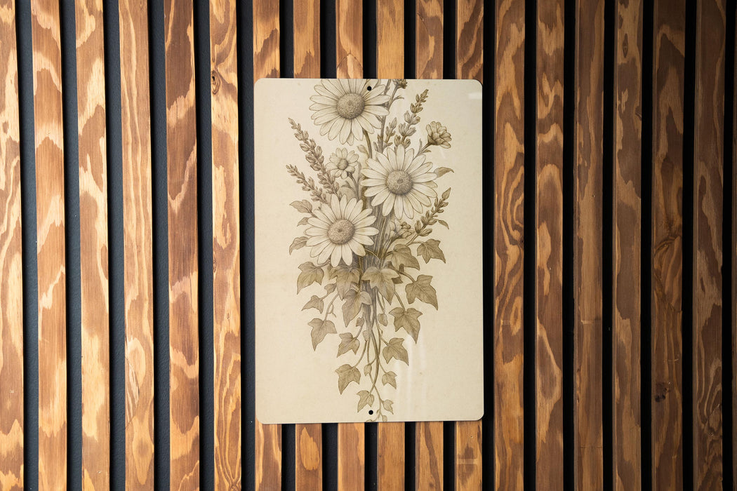 a picture of a bunch of flowers on a wooden wall