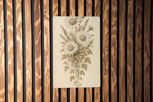 a picture of a bunch of flowers on a wooden wall