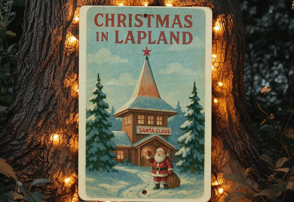 a christmas in lapland sign hanging from a tree