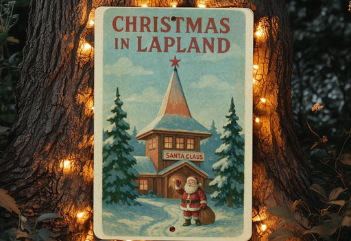 a christmas in lapland sign hanging from a tree