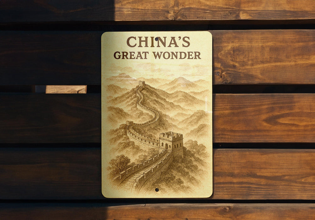 a sign on a wooden bench that says china's great wonder