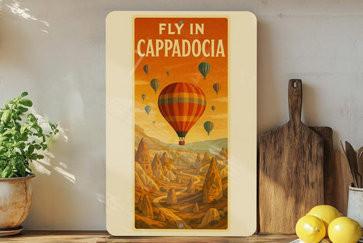 a poster of a hot air balloon flying in cappadocia