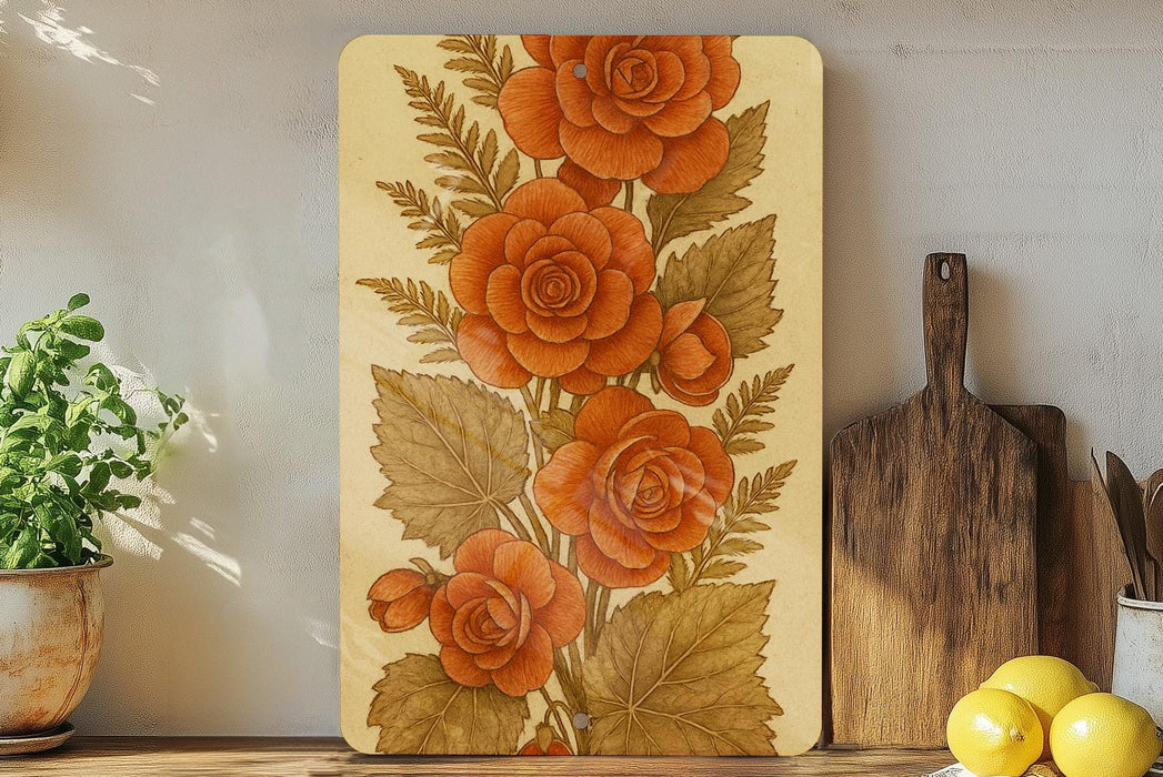 a painting of orange roses on a yellow background