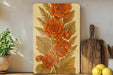 a painting of orange roses on a yellow background