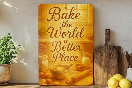 a sign that says bake the world better place