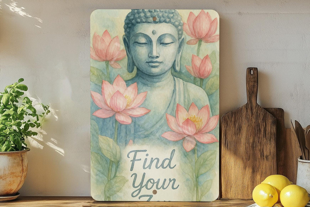 a buddha statue sitting on top of a wooden shelf