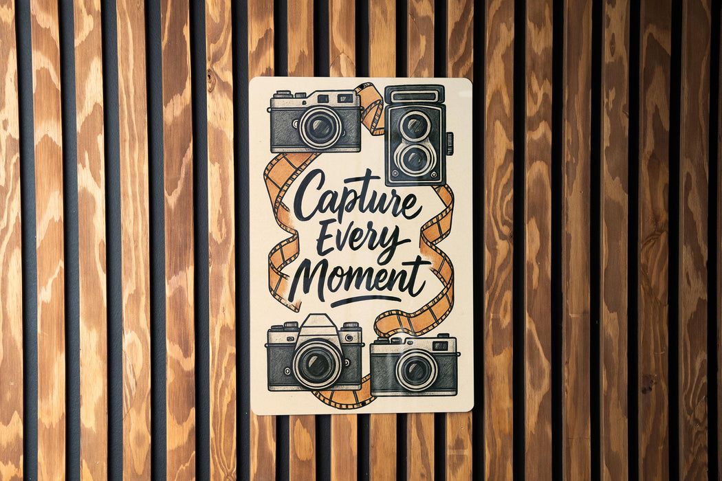 a sticker on a wooden wall that says capture every moment