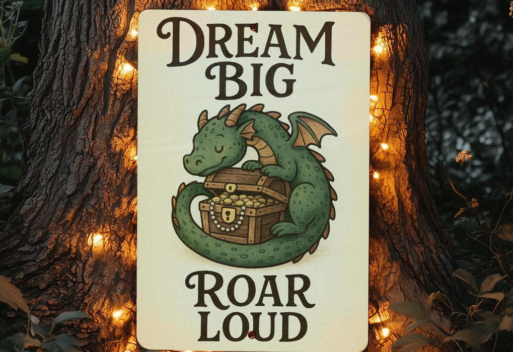 a sign that says dream big roar loud