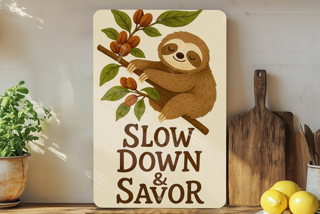 a wooden sign that says slow down and savor