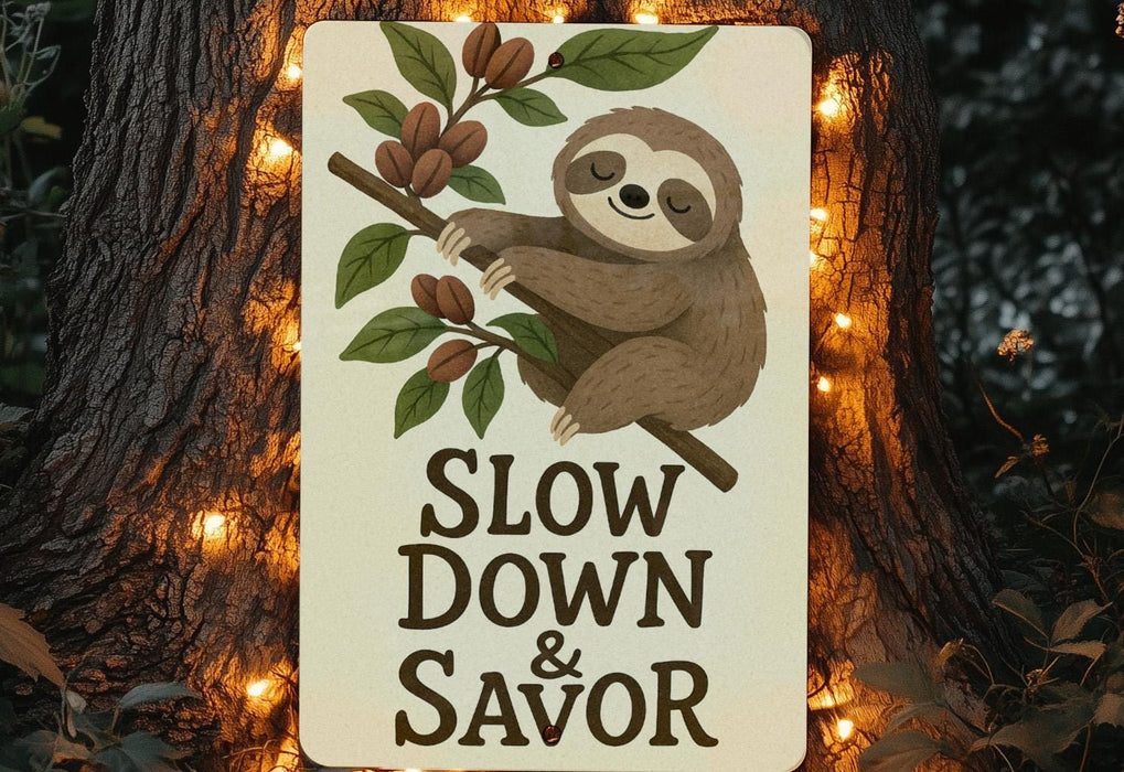 a sign that says slow down and savor on a tree