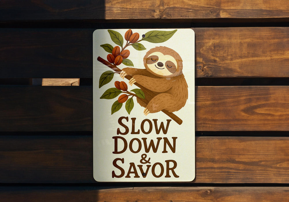 a sign that says slow down and savor on it