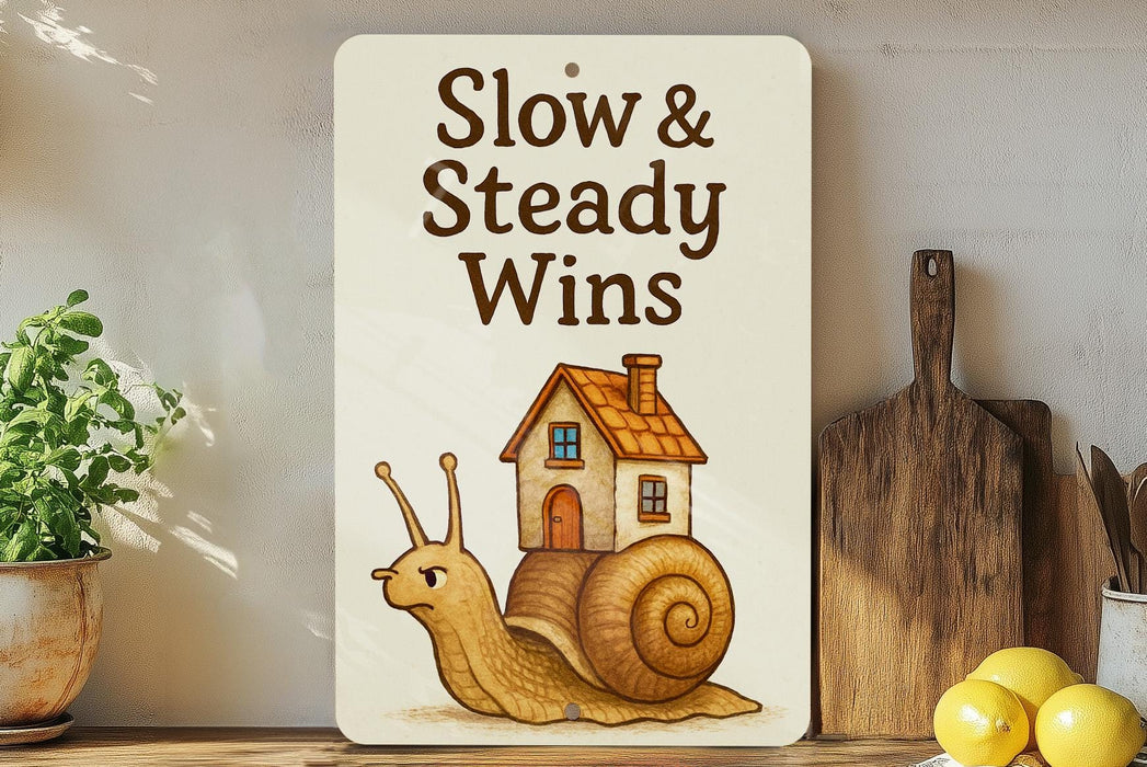 a sign that says slow and steady wins on a shelf